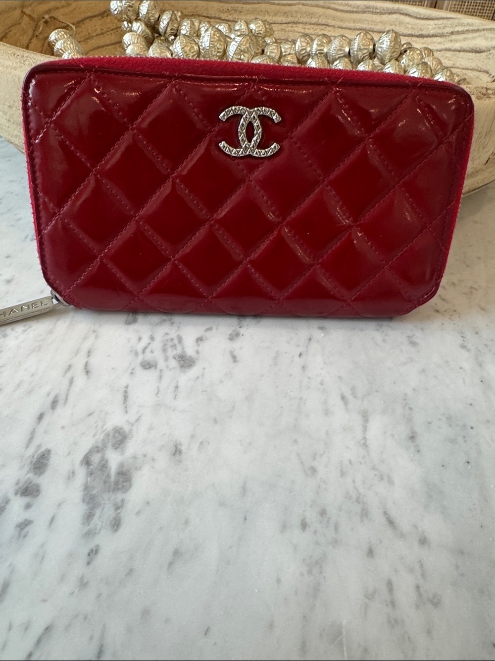 CHANEL Quilted Patent Leather Wallet in Deep Red with Silver CC